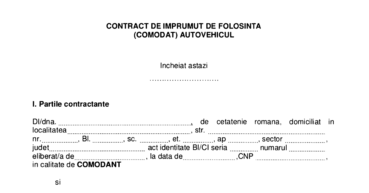 Model contract de comodat auto
